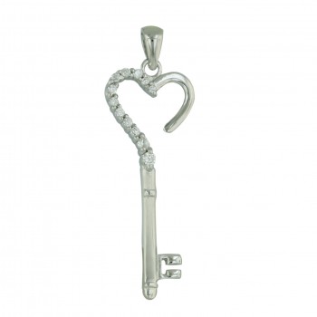 Sterling Silver Pendant Open Half Clear Cubic Zirconia Heart Tiff Key--Rhodium Plating/Nickle Free--