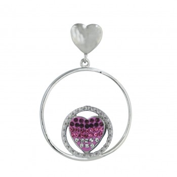 Sterling Silver Pendant 11mm Amethyst+Pink+Clear Jk Crystal Heart 26mm Circle