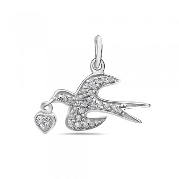Sterling Silver Pendant Clear Cubic Zirconia Swallow Holding Heart Dp--Rhodium Plating/Nickle Free--