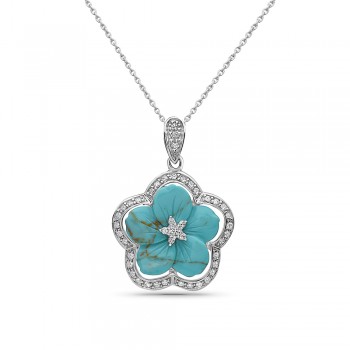 Sterling Silver Pendant 30mm 5 Faux Turquoise Petals with Clear Cubic Zirconia Flower Ctr+Cubic Zirconia