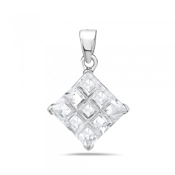 Sterling Silver Pendant 10X10mm Clear Cubic Zirconia Tic-Tac-Toe Cut Square