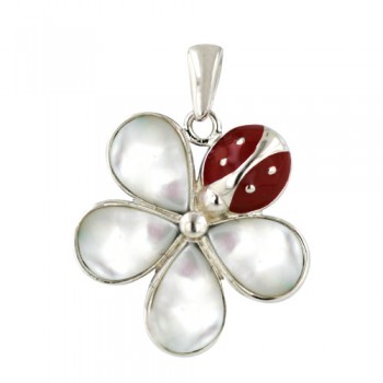 Sterling Silver Pendant 20 mm 4 White Mother of Pearl Petal Flower with
