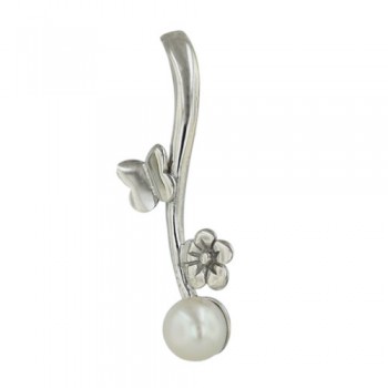 Sterling Silver Pendant 6mm White Fresh Water Pearl with Silver Flower+Butterfly
