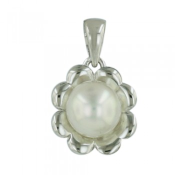 Sterling Silver Pendant 20X12mm White Fresh Water Pearl with Flowe