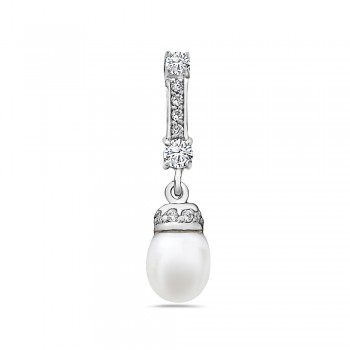 Sterling Silver Pendant 7mm White Freshwater Pearl with Clear Cubic Zirconia Danglin
