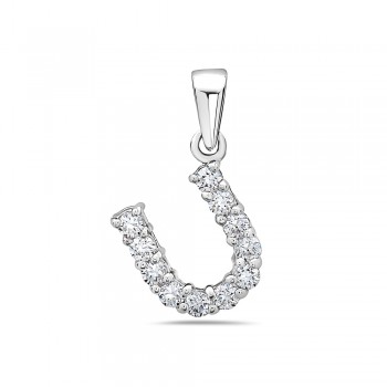 Sterling Silver Pendant Clear Cubic Zirconia Slanted Horseshoe Charm--Rhodium Plating/Nickle Free--