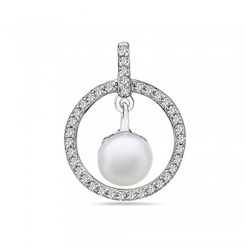 Sterling Silver Pendant Clear Cubic Zirconia Circle with 9.5mm White Fresh Water Pearl Dang