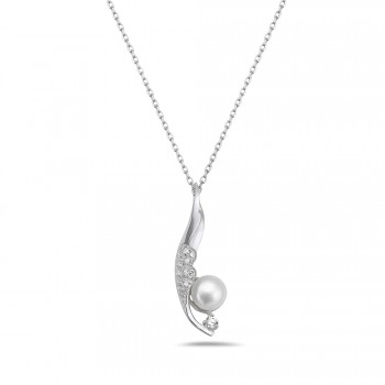 Sterling Silver Pendant White Fresh Water Pearl on Clear Cubic Zirconia Leaf