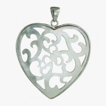 Sterling Silver Pendant White Mother of Pearl Open Filigree Heart
