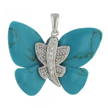 Sterling Silver Pendant Recontructed Turquoise+Clear Cubic Zirconia Butterfly