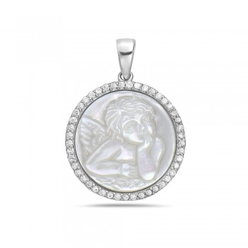 Sterling Silver Pendant 22mm Round White Mother of Pearl Child Angel Cameo Wit