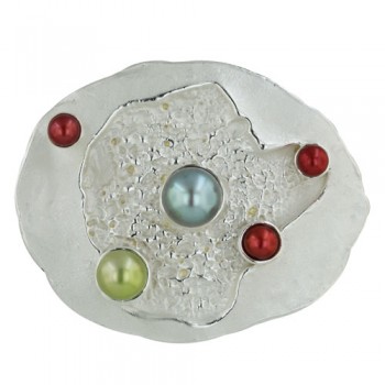 Sterling Silver Pendant Gray+Red+Olivine Freshwater Pearl on Round--E-coated