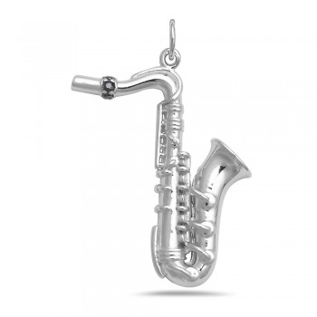 Sterling Silver Pendant Black Cubic Zirconia Saxophone--Rhodium Plating/Nickle Free-