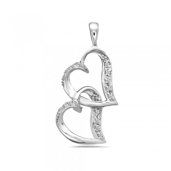 Sterling Silver Pendant 2 Open Clear Cubic Zirconia Joined Hearts
