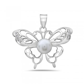 Sterling Silver Pendant with 8mm Shell Pearl&Cz Open Butterfly
