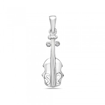 Sterling Silver Pendant Violin 20mm Length Two Cubic Zirconia on both