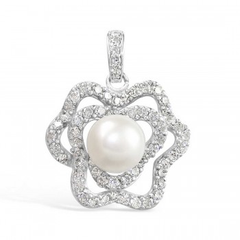 Sterling Silver Pendant Clear Cubic Zirconia with 10mm White Fresh Water Pearl Rhodium Plating Plating Re