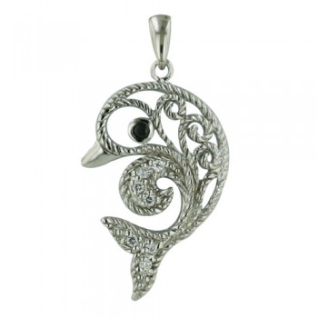 Sterling Silver Pendant 17-23mm Open Dolphin with Black Cubic Zirconia+Clear Cubic Zirconia