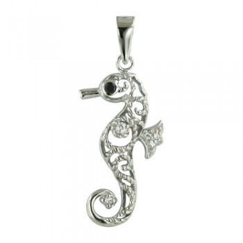 Sterling Silver Pendant of Seahorse with Clear Cubic Zirconia and Black Cubic Zirconia