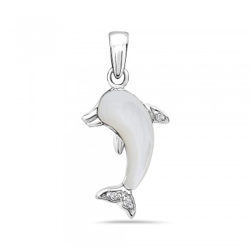 Sterling Silver Pendant of Dolphin with White Mother of Pearl and Clear Cubic Zirconia