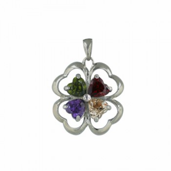 Sterling Silver Pendant 18 mm Flower with Multicolor Color Cubic Zirconia