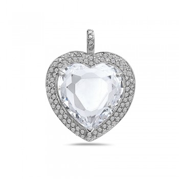 Sterling Silver Pendant 23 mm Crystal Heart with Clear Cubic Zirconia Borde