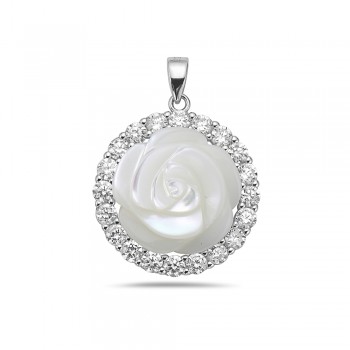 Sterling Silver Pendant with 14mm Mother of Pearl Flower with Circle Clear Cubic Zirconia B