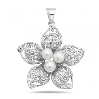 Sterling Silver Pendant with 3 6mm Fresh Water Pearl with Clear Cubic Zirconia on Petals