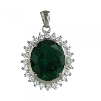 Sterling Silver Pendant 14mm/12mm Oval Emerald Earth Glass with C