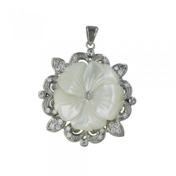 Sterling Silver Pendant 26mm Mother of Pearl Flower with Clear Cubic Zirconia