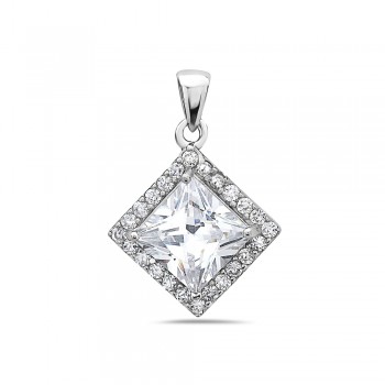 Sterling Silver Pendant Rhombus Clear Cubic Zirconia with Clear Cubic Zirconia Border Aro