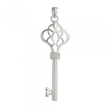 Sterling Silver Pendant 43mm Key with Filigree Handle with Clear C