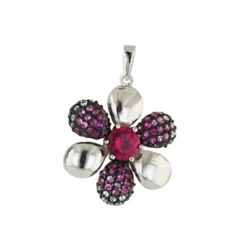 Sterling Silver Pendant 22mm Petals Flower Synthetic Ruby Center