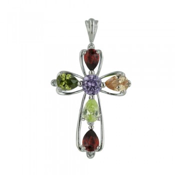 Sterling Silver Pendant 21.3-37mm Cross with Multicolor Color Cubic Zirconia