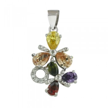 Sterling Silver Pendant Multicolor-Color Cubic Zirconia 3 Petsl Flower Citrine+Champagne+Amethyst+Garnet