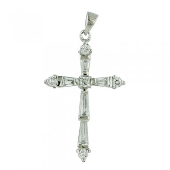 Sterling Silver Pendant Cross Paved in Trapezoid/Rd Clear Cubic Zirconia