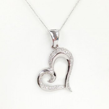 Sterling Silver Pendant Open Uneven Heart with Clear Cubic Zirconia