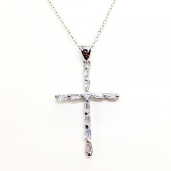 Sterling Silver Pendant Cross with Clear Tapered Baguette+Rd Cubic Zirconia