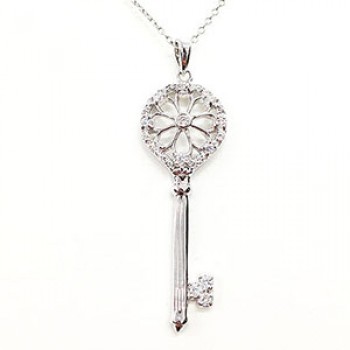 Sterling Silver Pendant Key Rd Rop Open Flower with Clear Cubic Zirconia
