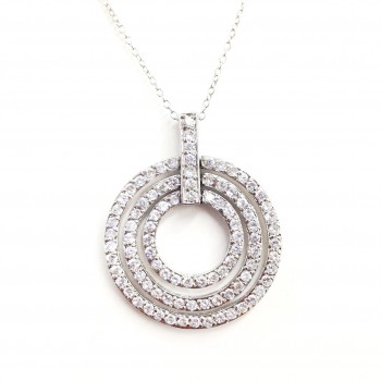 Sterling Silver Pendant 3 Layer Clear Cubic Zirconia Circle on Line Bail