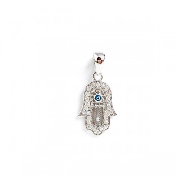 Sterling Silver Pendant Hamsa Clear Cubic Zirconia Outline Eye Center