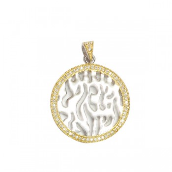 Sterling Silver Pendant 23.3mm Rd Shema with Clear Cubic Zirconia -Rh+Gold-