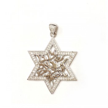 Sterling Silver Pendant Shema Star with Clear Cubic Zirconia -Rh+Rh-