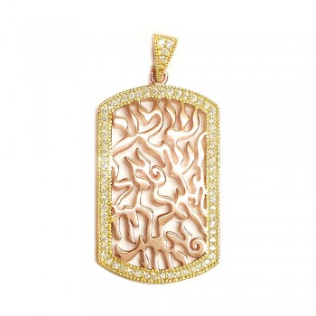 Sterling Silver Pendant Shema Tag Small with Clear Cubic Zirconia -Rose+Gold-