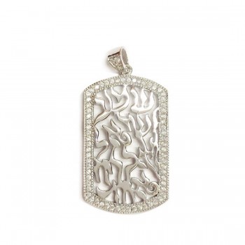 Sterling Silver Pendant Shema Tag Small with Clear Cubic Zirconia -Rh+Rh-