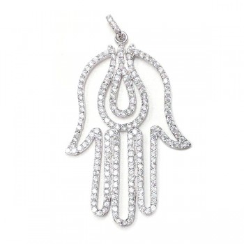 Sterling Silver Pendant Hamsa Clear Cubic Zirconia Lines