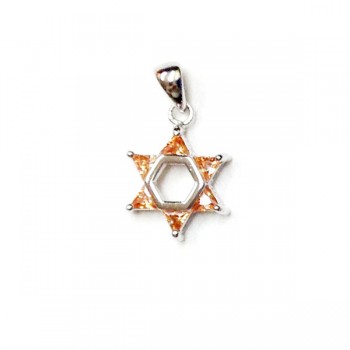 Sterling Silver Pendant Jewish Star with Champagne Cubic Zirconia -Rhodium Plating Plate
