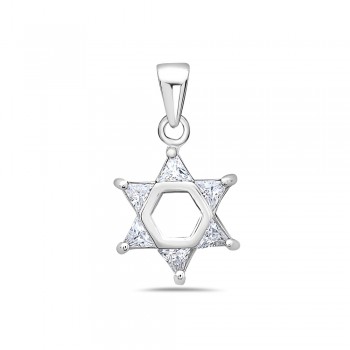 Sterling Silver Pendant Jewish Star with Clear Cubic Zirconia -Rhodium Plating Plating