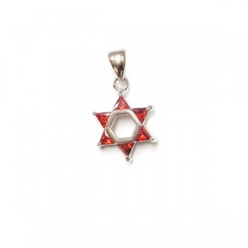 Sterling Silver Pendant Jewish Star with Garnet Cubic Zirconia -Rhodium Plating Plating