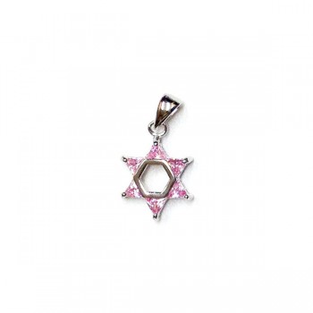 Sterling Silver Pendant Jewish Star with Pink Cubic Zirconia -Rhodium Plating Plating